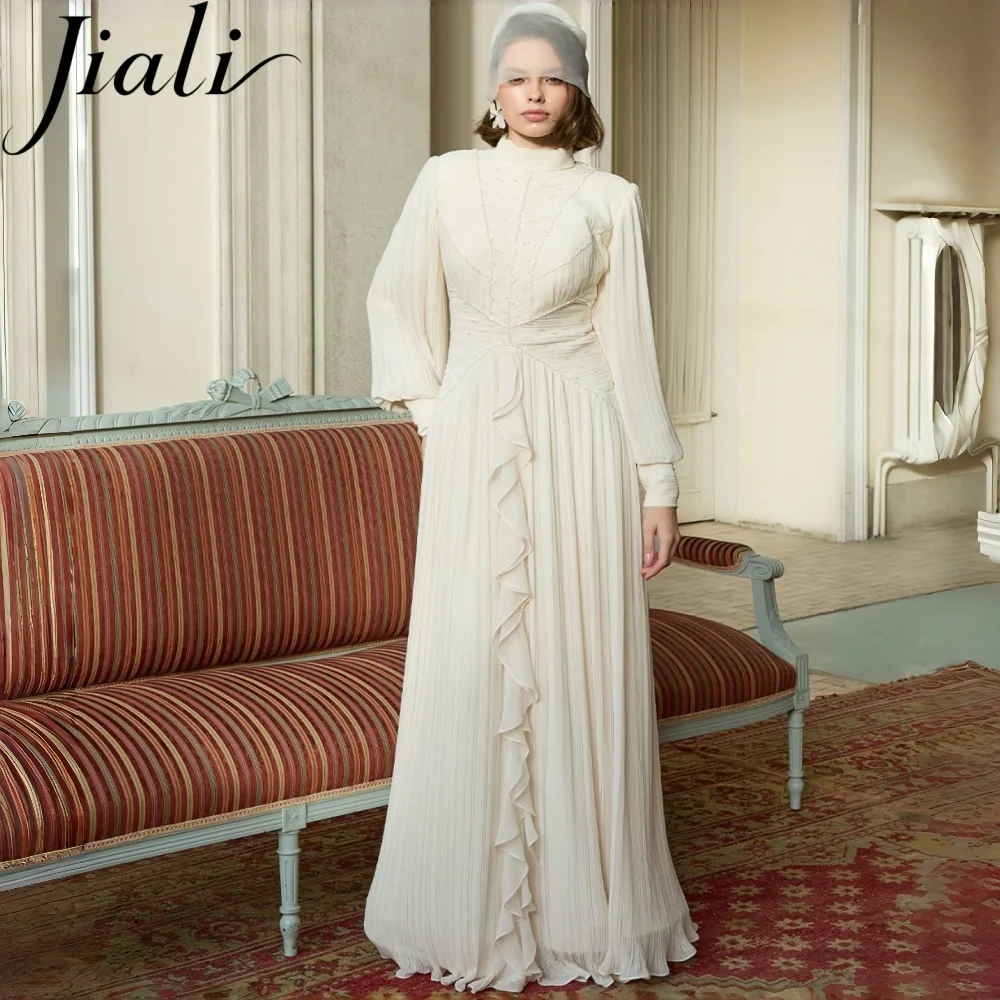 Jiali Customized O-Neck Full Sleeve A-line Evening Dress Floor Length Ruffles Sequined Formal Party Muslim Bridal Shower Dress