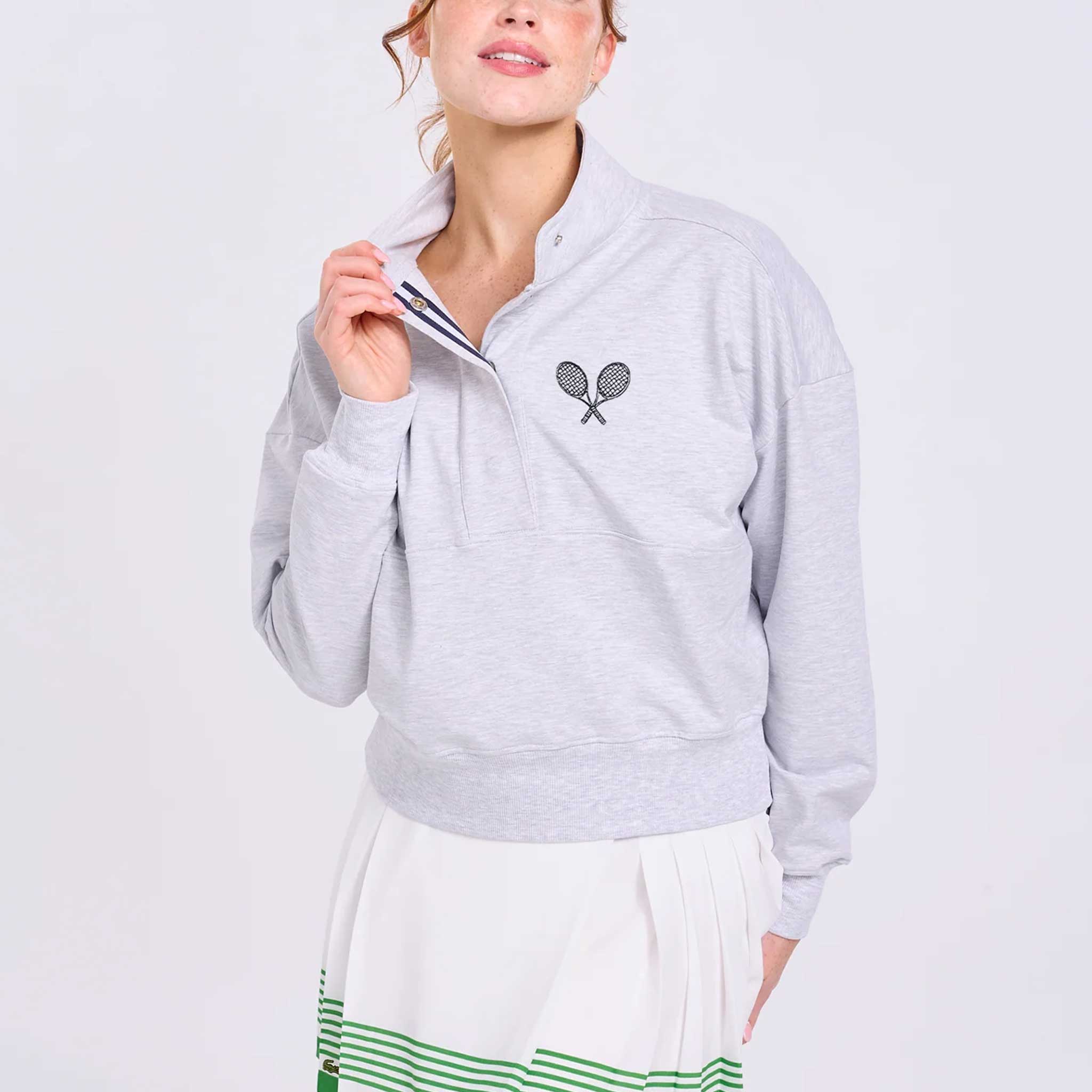 Ame & Lulu Tennis Warmup Pullover Women's Tennis Apparel Heather Grey Crossed Racquets - Ame & Lulu
