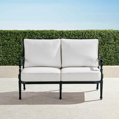 Carlisle Loveseat with Cushions in Onyx Aluminum - Standard, Rumor Vanilla with Dupione Sand Piping - Frontgate