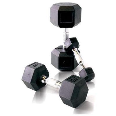 Rubber Coated Hex Dumbbell with Contoured Chrome Handle - Weight: 65 lbs