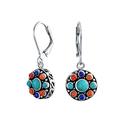 South Western Style Multi Stone Lapis Turquoise Orange Coral Medallion Dangle Earrings For Women Oxidized .925 Sterling Silver Lever Back