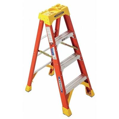 WERNER 6204 Fiberglass Stepladder, 4 ft Ladder Ht, 3 Steps, 300 lb, 29 in Base