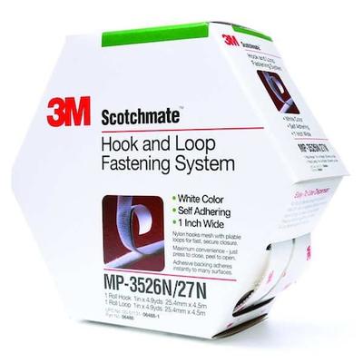 3M MP3526N/MP3527N Reclosable Fastener, Rubber Adhesive, 15 ft, 1 in Wd, White