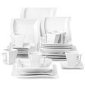 MALACASA Dinner Sets, 30-Piece Plates and Bowls Set Tableware with 6-Piece Porcelain Square Dinner Plates/Dessert Plates/Soup Plates/Cups and Saucers, Plate Set for 6, Ivory White, Series Flora