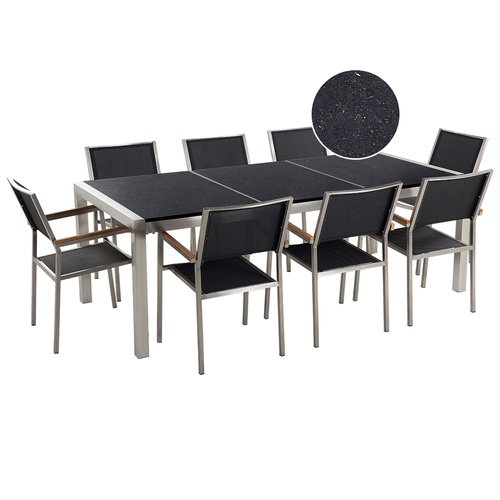 Gartenmöbel Set Schwarz Granit Edelstahl Tisch 220 cm Poliert 8 Stühle Terrasse Outdoor Modern