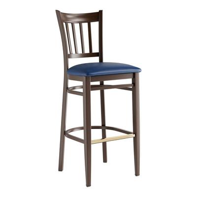 Knocked Down Lancaster Table & Seating Bar Height Metal Slat Back Chair with Walnut Wood Grain Finish and Navy Vinyl Seat