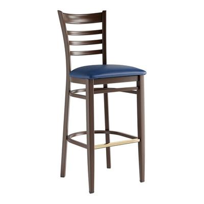Knocked Down Lancaster Table & Seating Bar Height Metal Ladder Back Chair with Walnut Wood Grain Finish and Navy Vinyl Seat