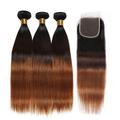 YanT HAIR 8A+ Grade Brazilian Virgin Hair Straight Human Hair Weave Bundles Ombre Three Tones 10 12 14 with 10 inches Free Part 4 * 4 Lace Closure #T1b/4/30 Color