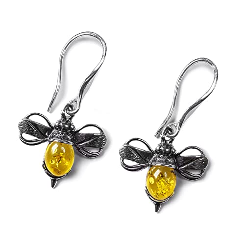 HENRYKA Silver & Honey Amber Bumble-Bee Earrings | 925 Sterling Silver Honey Bee Dangle Earrings | Cute Fashion Accessory & Jewellery Gift for Her & Women
