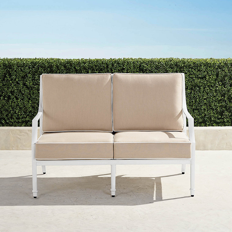 Grayson Loveseat with Cushions in White Aluminum - Sunbrella Rain, Rain Air Blue - Frontgate