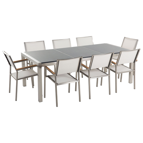 Gartenmöbel Set Grau Weiß Granit Edelstahl Tisch 220 cm Poliert 8 Stühle Terrasse Outdoor Modern