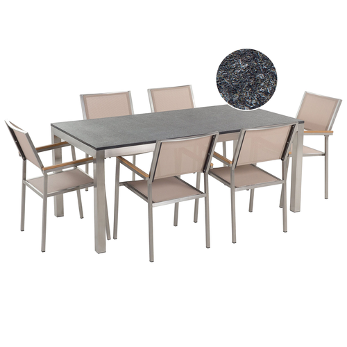 Gartenmöbel Set Beige Schwarz Granit Edelstahl Tisch 180 cm Geflammt 6 Stühle Terrasse Outdoor Modern