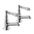 Wash Basin Mixer Taps Pair with White Ceramic Lever Handles and Chrome Traditional Design