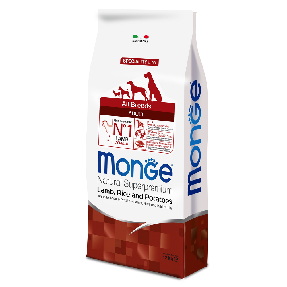2 x 12 kg Monge Superpremium Crocchette cane - All Breeds Adult Agnello, Riso & Patate
