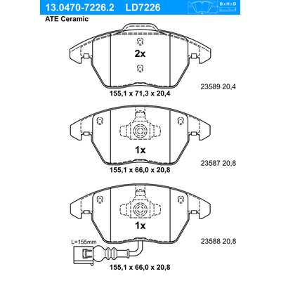 ATE Bremsbelagsatz, Scheibenbremse Ceramic vorne rechts links für VAG 8J0698151 8J0698151C 13.0470-7226.2