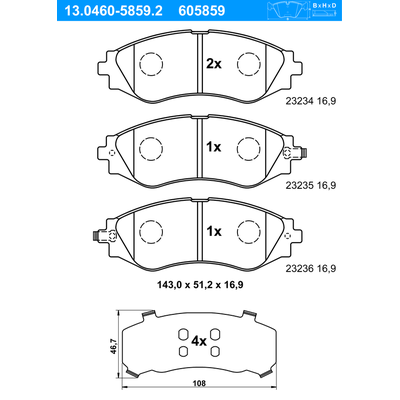 ATE Bremsbelagsatz, Scheibenbremse vorne rechts links für DAEWOO CHEVROLET 96253382 96245178 96253367 13.0460-5859.2