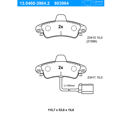 ATE Bremsbelagsatz, Scheibenbremse hinten rechts links für FORD 1204852 6669780 1088938 13.0460-3964.2