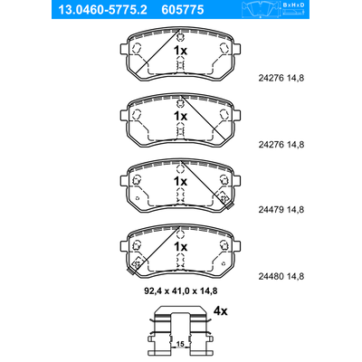 ATE Bremsbelagsatz, Scheibenbremse hinten rechts links mit Zubehör für HYUNDAI KIA 58302-07A10 58302-07A00 58302-0XA00 1