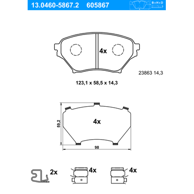 ATE Bremsbelagsatz, Scheibenbremse vorne rechts links mit Zubehör für MAZDA N0Y9-33-23Z NCY3-33-23Z 13.0460-5867.2