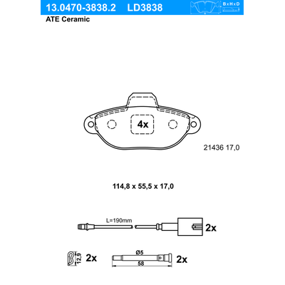 ATE Bremsbelagsatz, Scheibenbremse Ceramic vorne rechts links mit Zubehör für FIAT FORD 1778385 1669578 77365191 13.0470