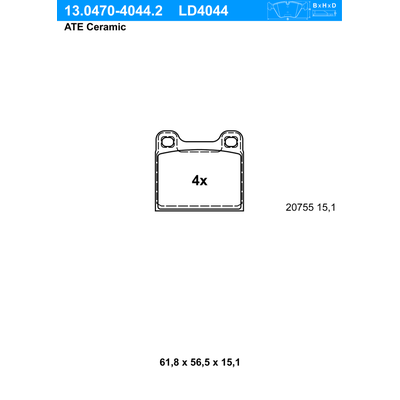 ATE Bremsbelagsatz, Scheibenbremse Ceramic hinten rechts links für VOLVO 8628240 272407 13.0470-4044.2