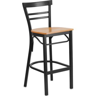 Flash Furniture Hercules Series Black Ladder Back Metal Restaurant Barstool - Natural Wood Seat - Fl