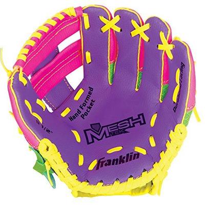 Franklin Sports Teeball Meshtek Gloves, Purple/Pink/Yellow, Right Hand Throw, 9.5"