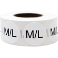 White Circle M/L Clothing Size Stickers 3/4 Inch Round 500 Labels on a Roll