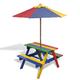 vidaXL Kids' Picnic Table with Benches and Parasol, Multicolour, Sturdy Fir Wood/Polyester Material, Rainbow Design, Outdoor Play Furniture