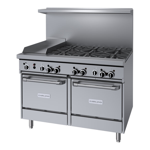 Garland GF48-6G12LL Liquid Propane 6 Burner 48" Range with Flame Failure Protection, 12" Griddle, and 2 Space Saver Ovens - 230,000 BTU