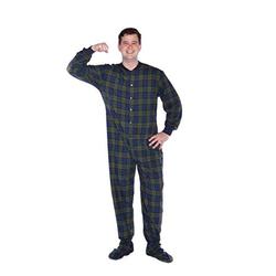 BIG FEET PAJAMA CO. Navy & Green Blackwatch Plaid Cotton Flannel Adult Footed Pajamas w/Drop-seat