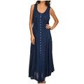 Sakkas 15221 - Maya Floral Embroidered Sleeveless Button Up Rayon Dress - Blue - L/XL