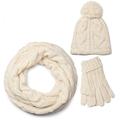 styleBREAKER scarf, cap and glove set, braid pattern knit scarf with Bobble Cap and gloves, women 01018208, color:Cream-Beige/Looped Tube Scarf