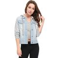 Allegra K Women's Layered Drawstring Hood Denim Jacket W Pockets Light Blue 4