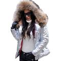 Roiii Women's Fashion Top Jacket Coat Parka Down High Waist Slim Faux Fur Hooded Coat (16-18,Silver)