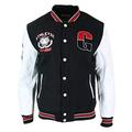 Mens Baseball Varsity Letterman College Fleece Jacket Badge PU Leather Sleeves - Black - White, M