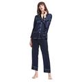 LilySilk Women's Silk Pyjamas Long Ladies Pajamas V Neck Trimmed 100% 22 Momme Pure Mulberry Silk Size 10/S Navy Blue