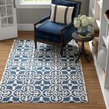 Blue/Navy 60 x 0.5 in Area Rug - Bungalow Rose Geometric Handmade Tufted Wool Navy Blue/Ivory Area Rug Wool | 60 W x 0.5 D in | Wayfair