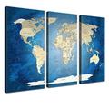 LANA KK - Weltkarte Leinwandbild „World Map Blue Ocean” - englisch - Kunstdruck-Pinnwand auf Echtholz-Keilrahmen – Globus in blau, dreiteilig & fertig gerahmt in 120x80cm