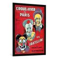 Gerahmtes Bild von French School "Poster advertising the 'Cirque d'Hiver de Paris' featuring the Fratellini Clowns, c.1927", Kunstdruck im hochwertigen handgefertigten Bilder-Rahmen, 70x100 cm, Schwarz matt