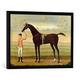 Gerahmtes Bild von Daniel Quigley A Bay Racehorse with his Jockey on a Racecourse, Kunstdruck im hochwertigen handgefertigten Bilder-Rahmen, 70x50 cm, Schwarz matt