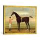 Gerahmtes Bild von Daniel Quigley A Bay Racehorse with his Jockey on a Racecourse, Kunstdruck im hochwertigen handgefertigten Bilder-Rahmen, 70x50 cm, Gold raya