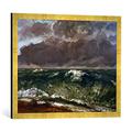 Gerahmtes Bild von Gustave CourbetDie Welle, Kunstdruck im hochwertigen handgefertigten Bilder-Rahmen, 70x50 cm, Gold raya