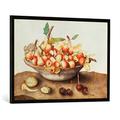 Gerahmtes Bild von Giovanna Garzoni "Schale mit kleinen Birnen, Kirschen und einer Mandel", Kunstdruck im hochwertigen handgefertigten Bilder-Rahmen, 100x70 cm, Schwarz matt