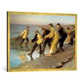 Gerahmtes Bild von Peter Severin Krøyer "Fischer ziehen am Skagener Strand Netze", Kunstdruck im hochwertigen handgefertigten Bilder-Rahmen, 100x70 cm, Gold raya