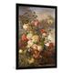 Gerahmtes Bild von Alexandre Debrus "Stilleben mit Rosen vor einer Flußlandschaft", Kunstdruck im hochwertigen handgefertigten Bilder-Rahmen, 70x100 cm, Schwarz matt