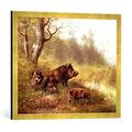Gerahmtes Bild von Moritz Muller Wild Boar in the Black Forest, 1880", Kunstdruck im hochwertigen handgefertigten Bilder-Rahmen, 70x50 cm, Gold raya