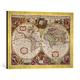 Gerahmtes Bild von Henricus Hondius "A New Land and Water Map of the Entire Earth, 1630", Kunstdruck im hochwertigen handgefertigten Bilder-Rahmen, 70x50 cm, Gold raya