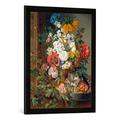Gerahmtes Bild von Josef Schuster Grosses Blumenstück mit Früchten, Vögeln und Insekten, Kunstdruck im hochwertigen handgefertigten Bilder-Rahmen, 50x70 cm, Schwarz matt
