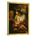 Gerahmtes Bild von Godfried Schalcken "Die heiligeFamilie und ein Engel", Kunstdruck im hochwertigen handgefertigten Bilder-Rahmen, 70x100 cm, Gold Raya